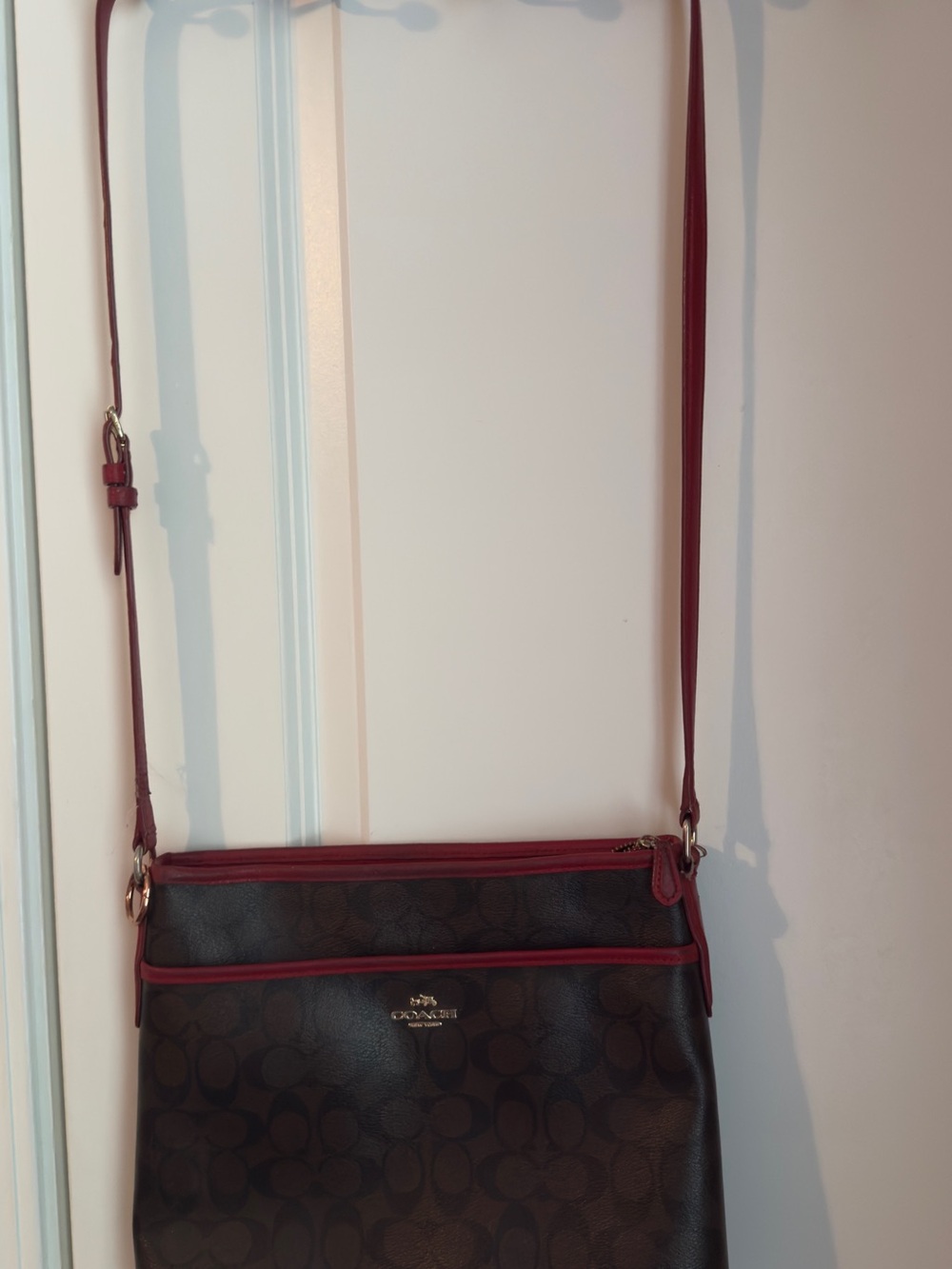 Coach Brown Signature Crossbody with Burgundy Trim